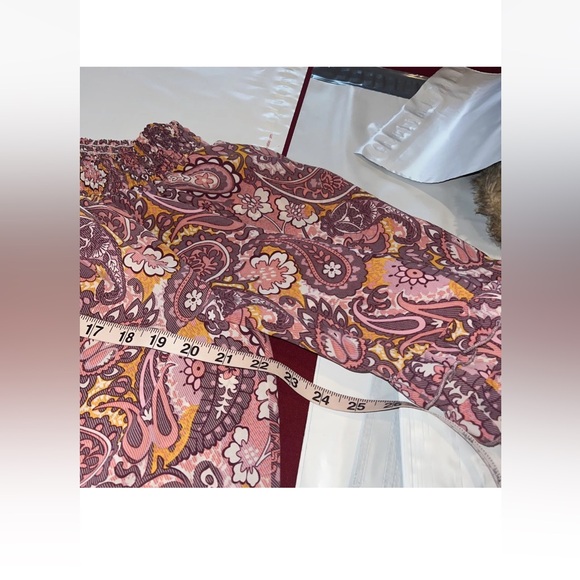 XL Pink Peach Paisley DRESS Wide Stretch Neck Ruffle Trumpet Sleeve RUFFLE HEM - Picture 5 of 14